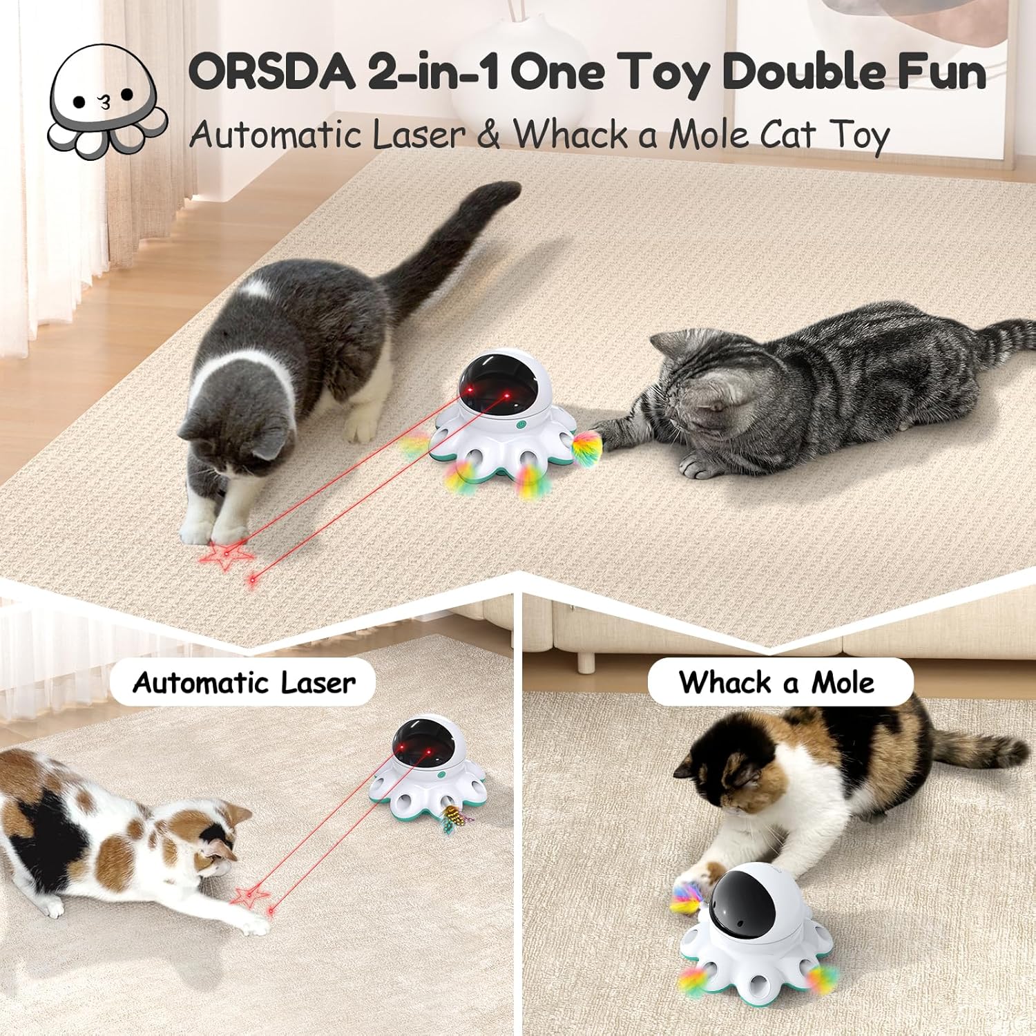 ORSDA Juguete Láser para Gatos, 2 en 1 Interactivo Automático Activ...