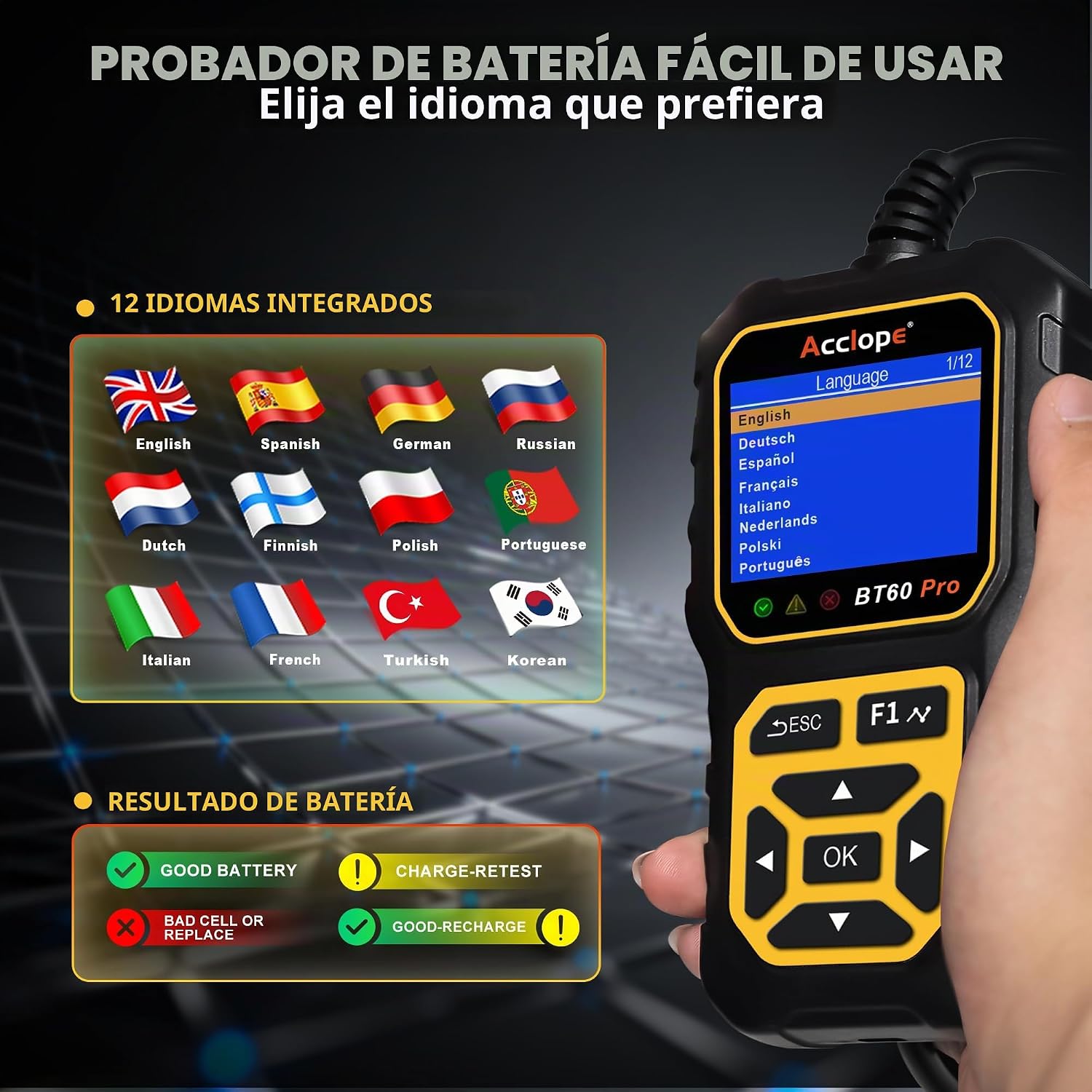 Acclope BT60 PRO - Probador de batería de coche 6V\/12V\/24V, 2\u20...