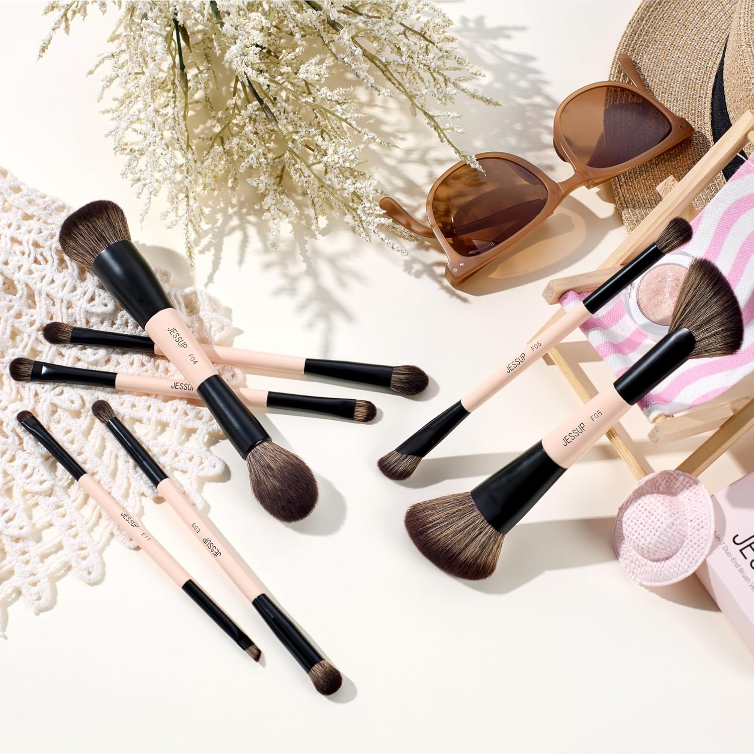 Jessup Juego de brochas de maquillaje, 7 piezas, brochas de doble c...