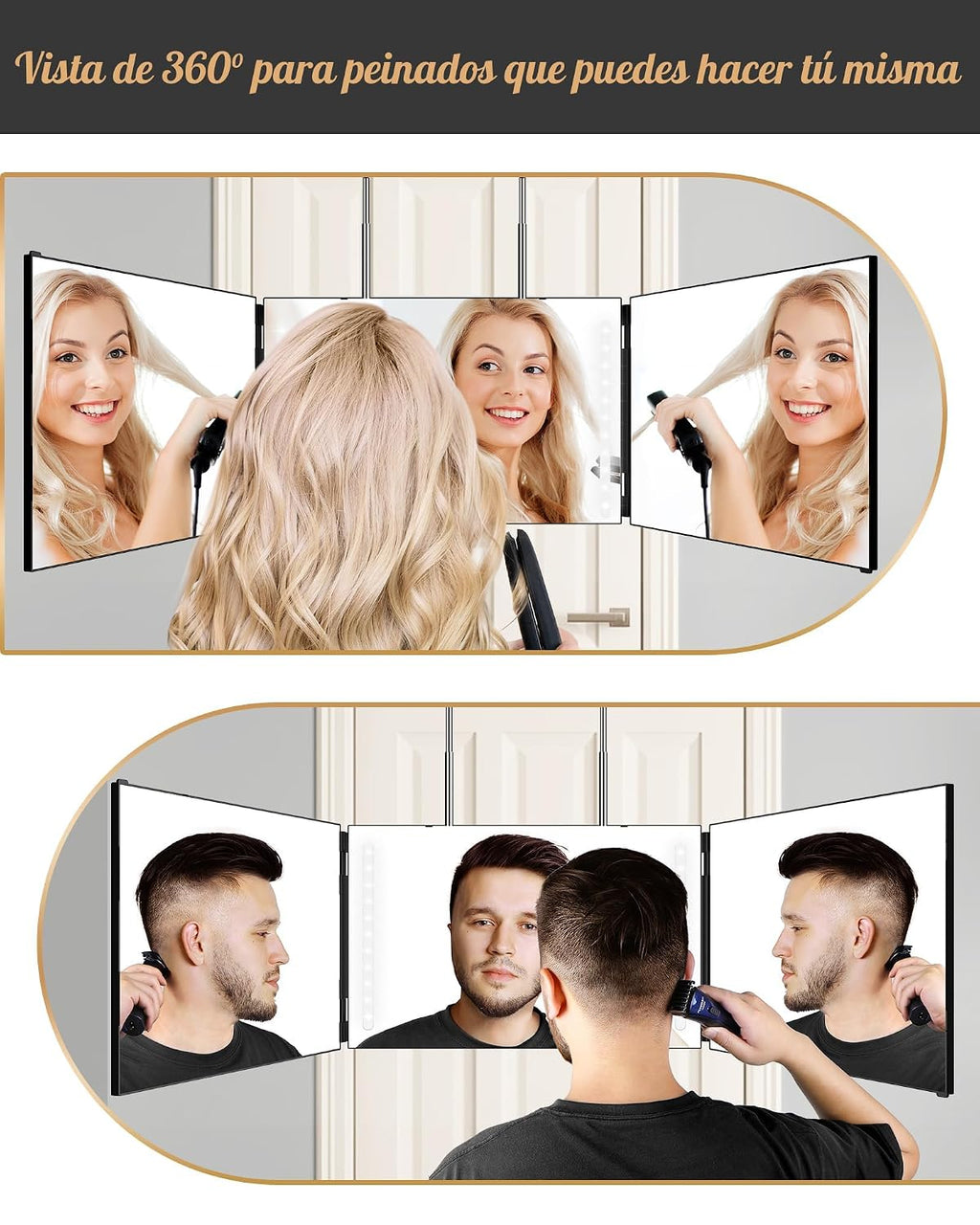 JUSRON Espejo de corte de pelo automático con ángulo de visión 360,...