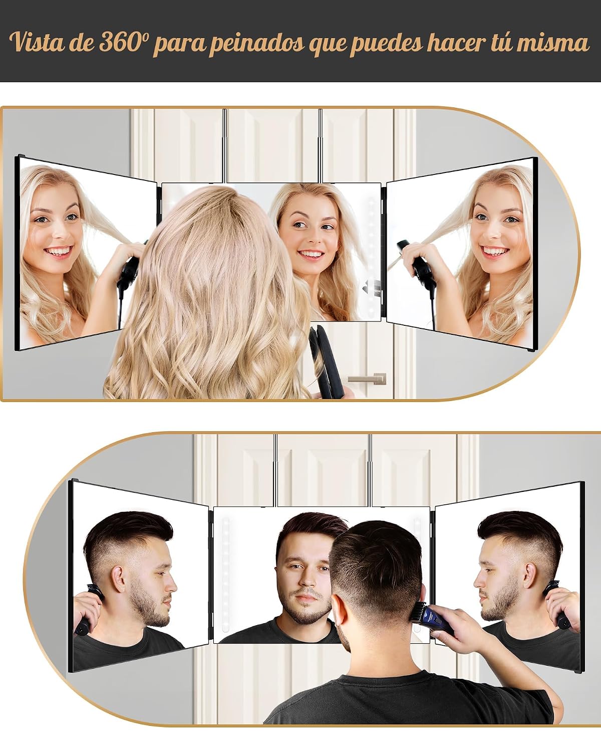 JUSRON Espejo de corte de pelo automático con ángulo de visión 360,...