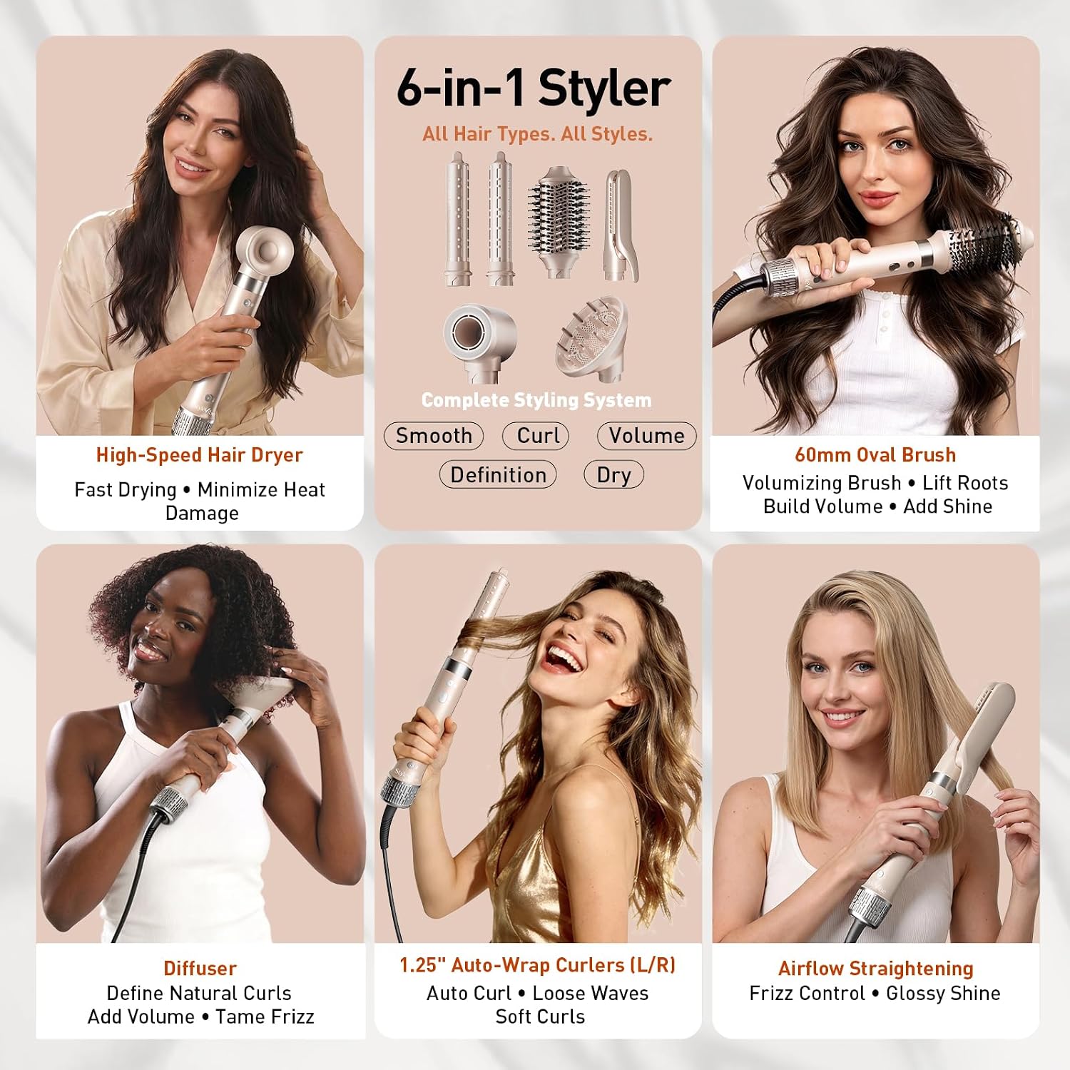 Mythsight StyleVibe - Moldeador de aire 6 en 1 con difusor de pelo,...