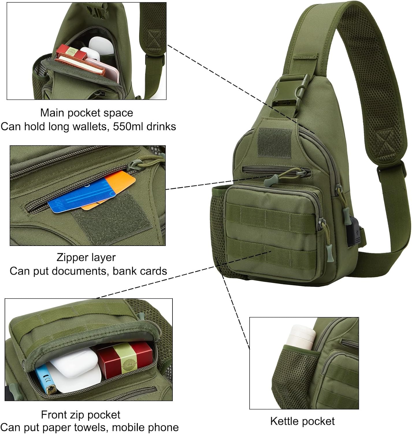 ZHIERNA Mochila Táctica de Hombro con Correa Cruzada y Soporte para...