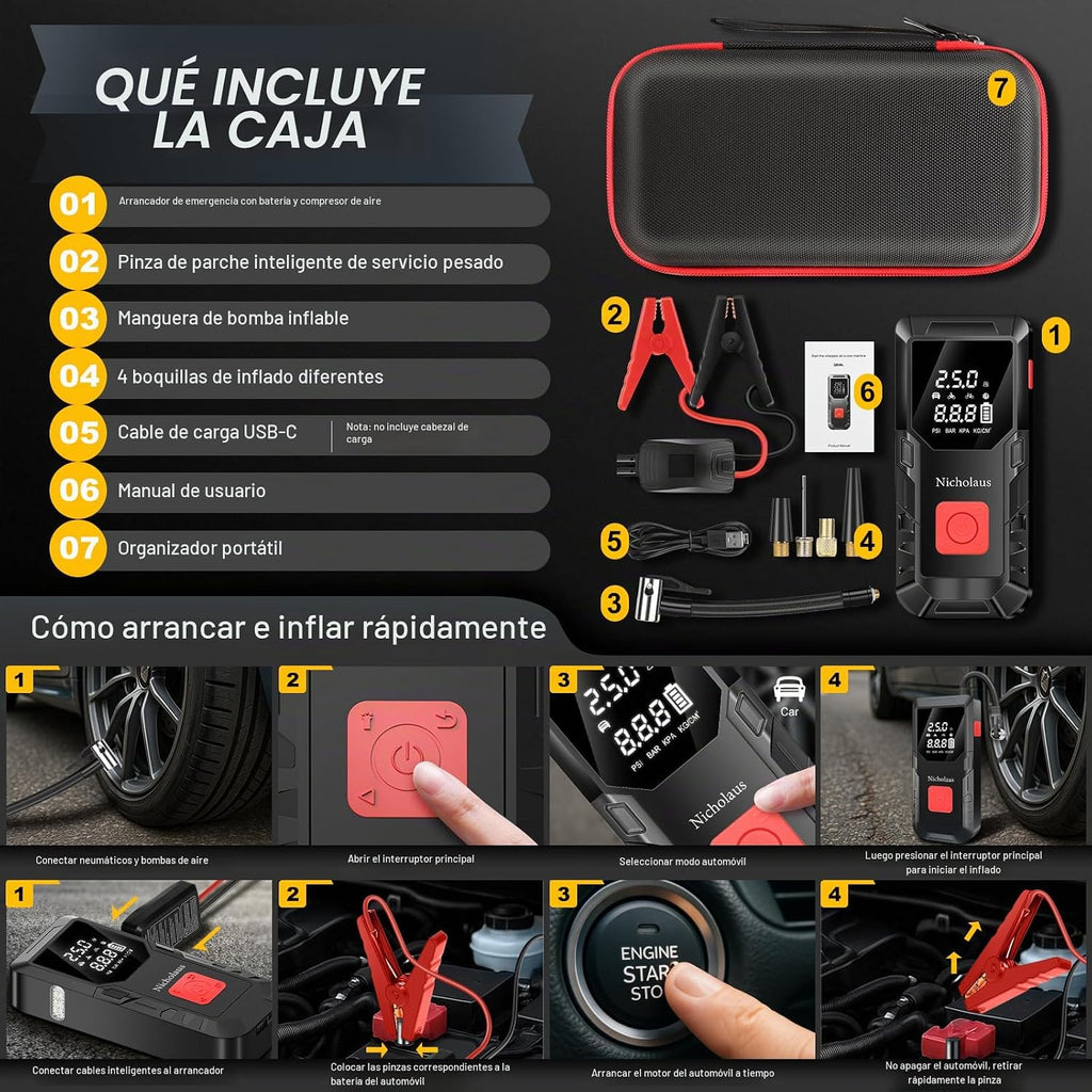 Nicholaus Arrancador de batería de coche de 12 V, 8000 mAh, 2800 A...