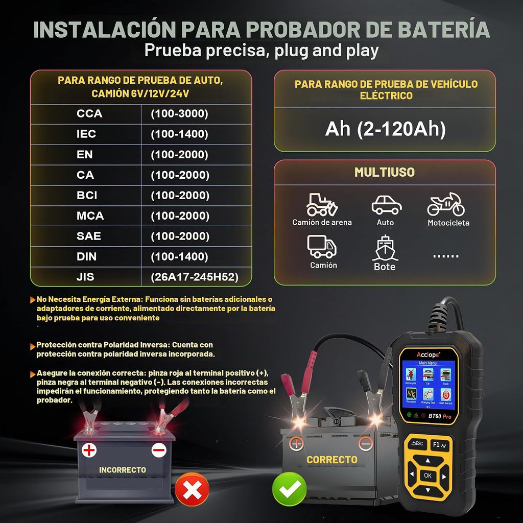 Acclope BT60 PRO - Probador de batería de coche 6V\/12V\/24V, 2\u20...