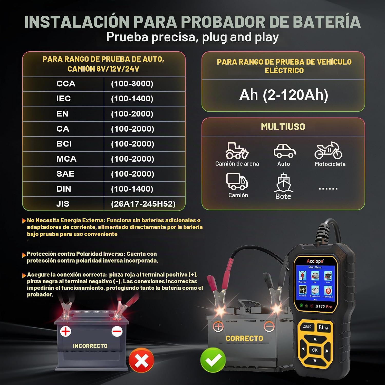 Acclope BT60 PRO - Probador de batería de coche 6V\/12V\/24V, 2\u20...