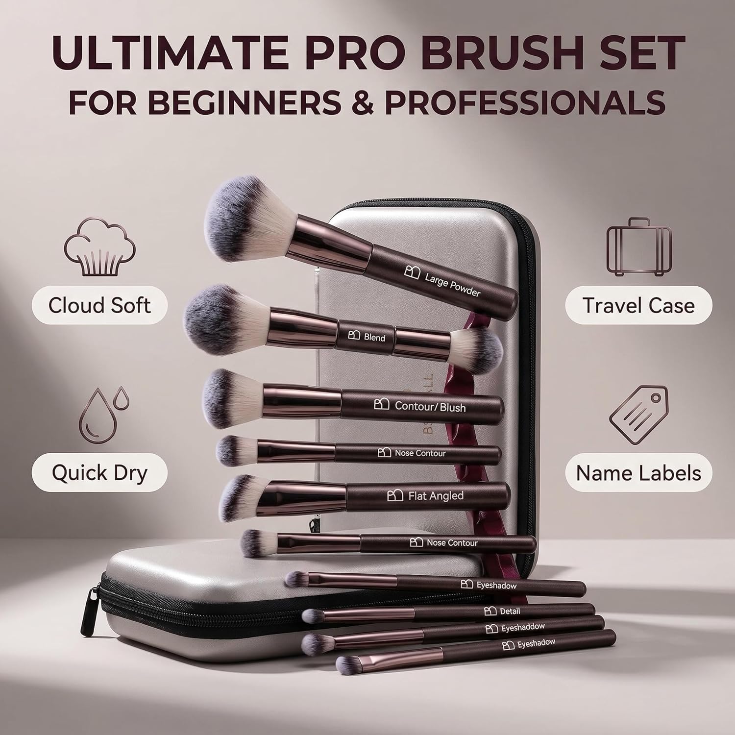 Brochas de maquillaje profesionales BS-MALL con estuche de viaje, p...