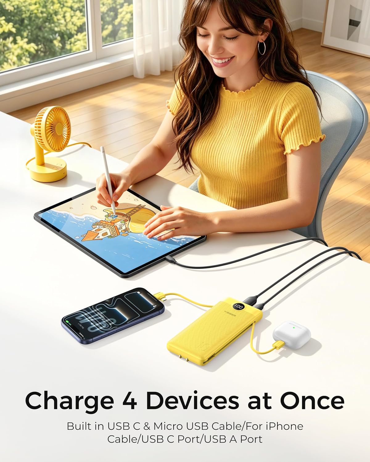 VEGER Cargador portátil con enchufe de CA integrado y cables, todo...