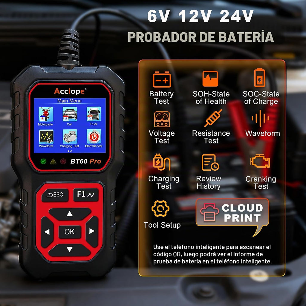 Acclope BT60 PRO - Probador de batería de coche 6V\/12V\/24V, 2\u20...