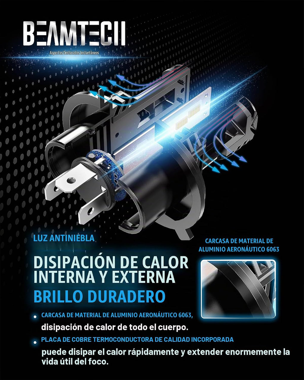 BEAMTECH - Bombilla H4, sin ventilador en línea 9003, luz antiniebl...