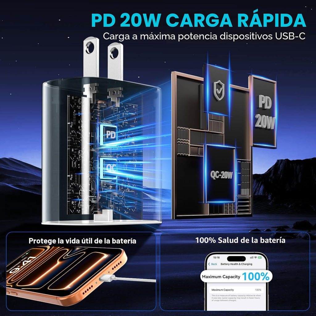 Cargador de carga rápida para iPhone 17, 16, 15 Pro, bloque de carg...