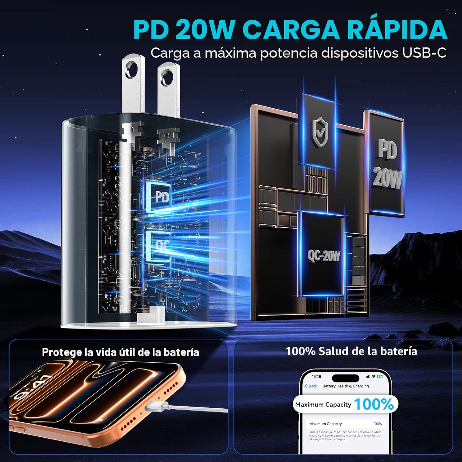 Cargador de carga rápida para iPhone 17, 16, 15 Pro, bloque de carg...