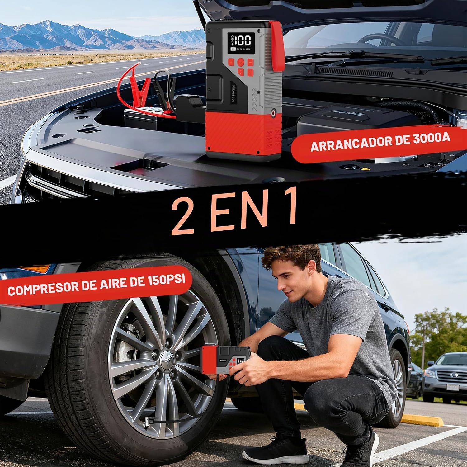 Arrancador portátil de coche con compresor de aire para emergencias...