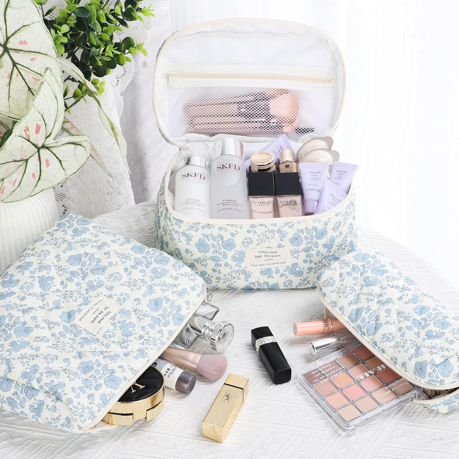 senbowe Bolsa de maquillaje floral, paquete de 3 bolsas de maquilla...