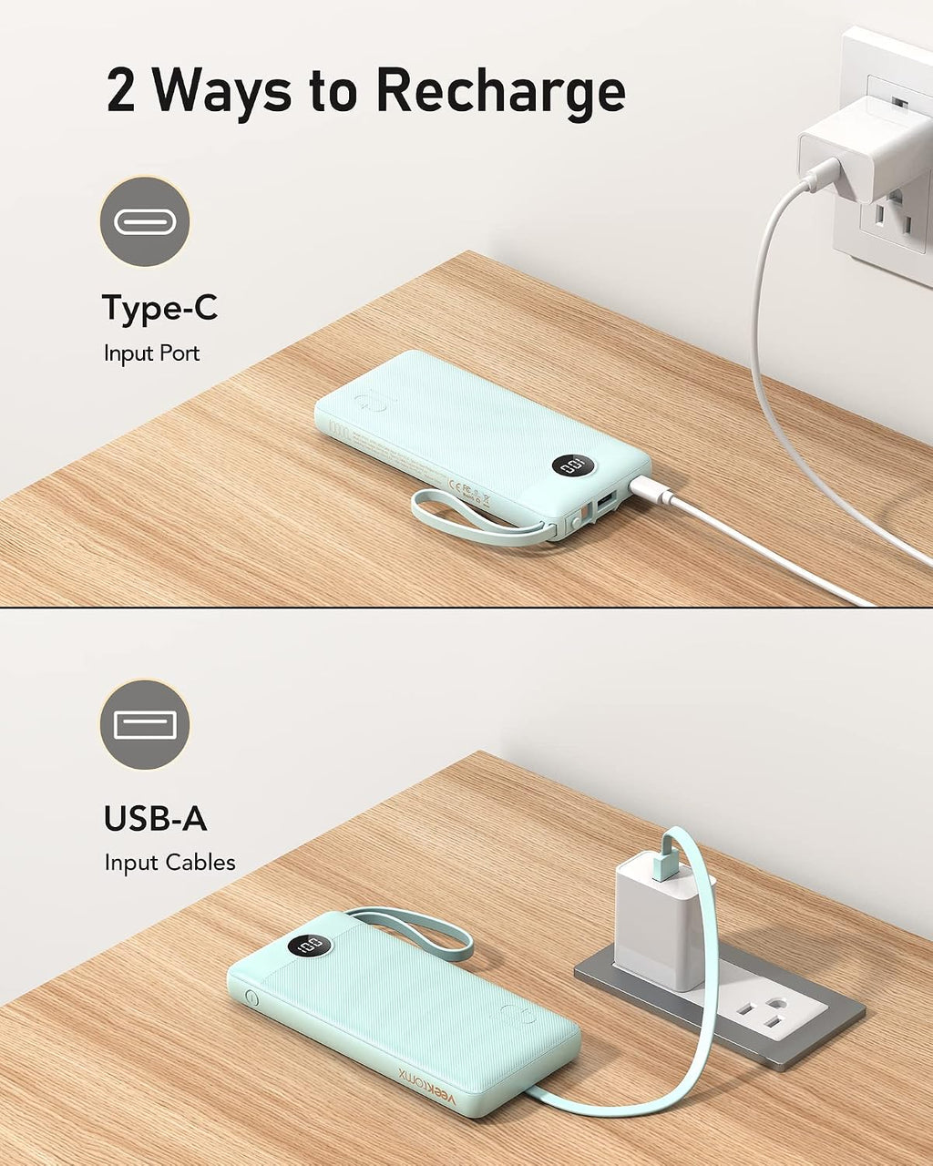 VEEKTOMX Cargador portátil de 10000 mAh con cables integrados, carg...