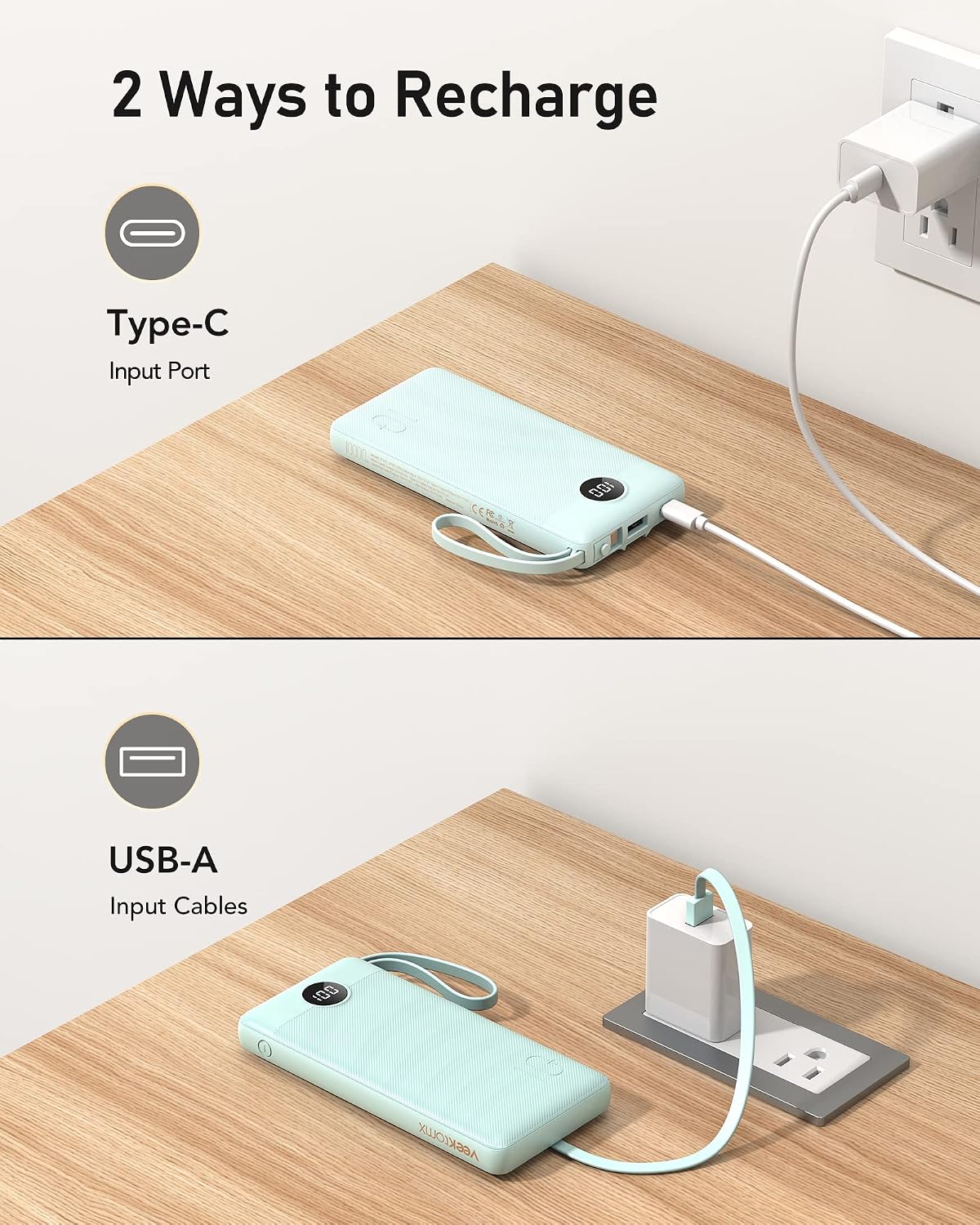 VEEKTOMX Cargador portátil de 10000 mAh con cables integrados, carg...