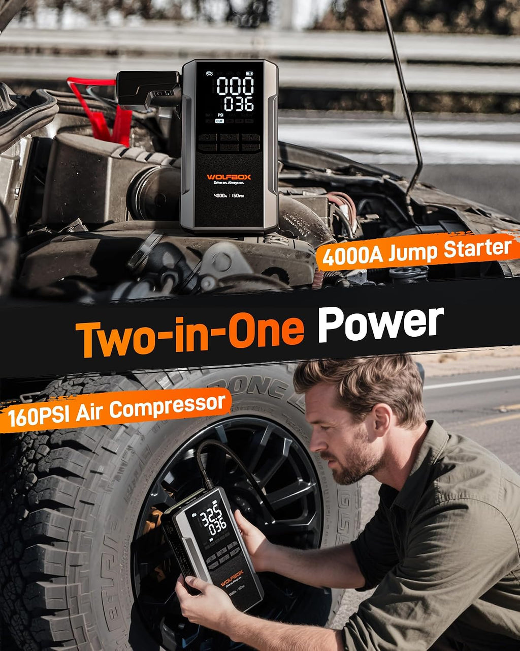 WOLFBOX Arrancador de 4000 A con compresor de aire, batería de coch...