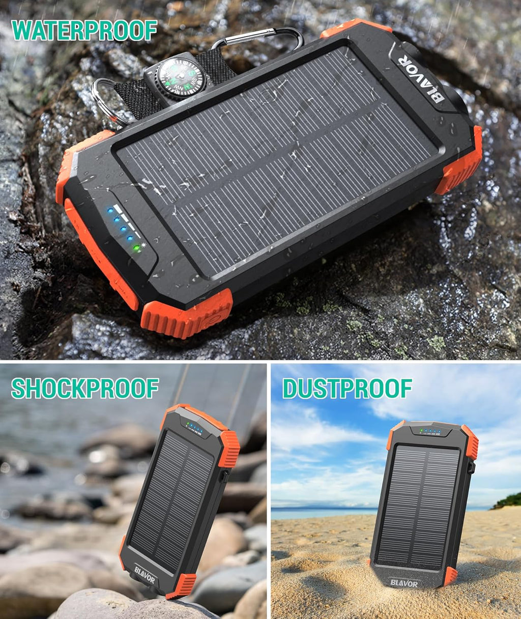 Blavor - Paquete de batería externa solar, cargador inalámbrico Qi...