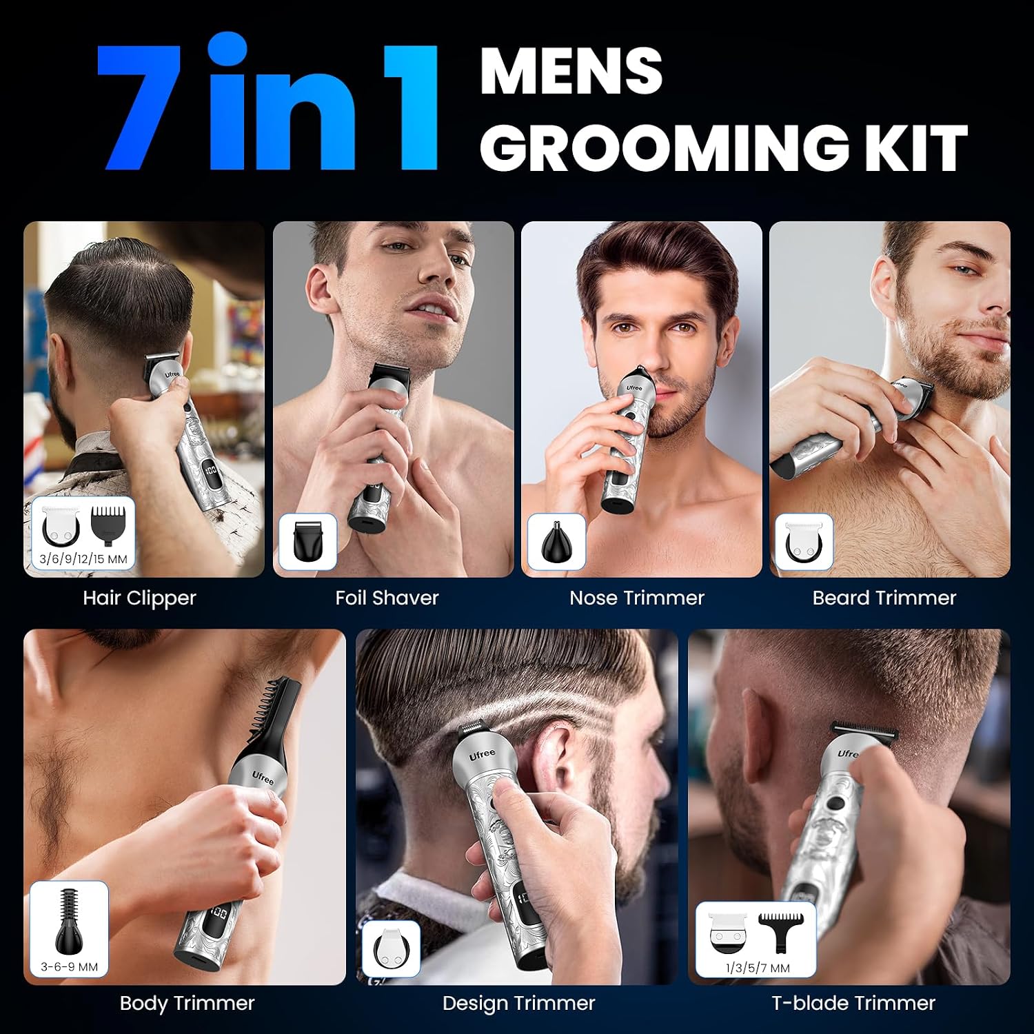 Ufree Recortadora de barba para hombres, afeitadora eléctrica 7 en...
