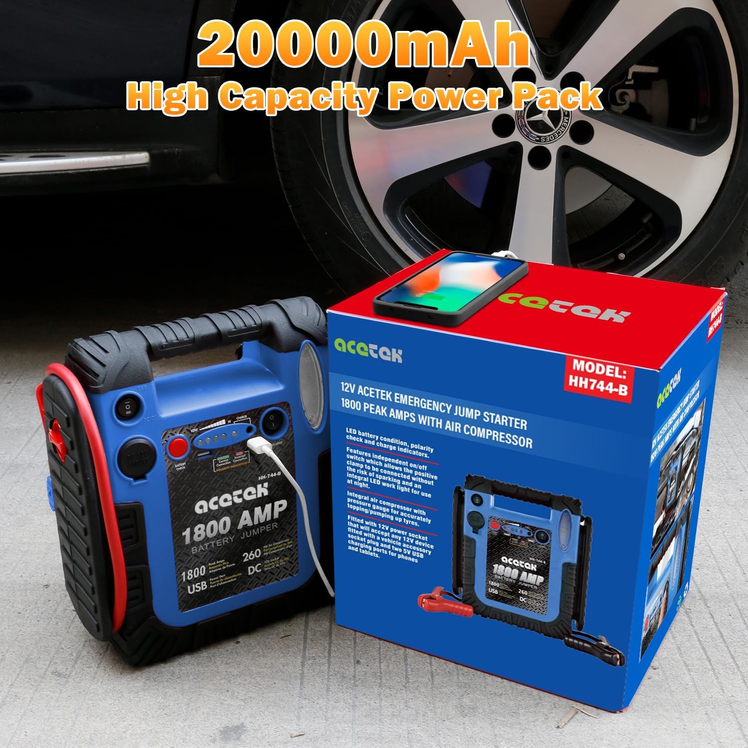 Arrancador de 1800 amperios con compresor de aire, batería de coche...