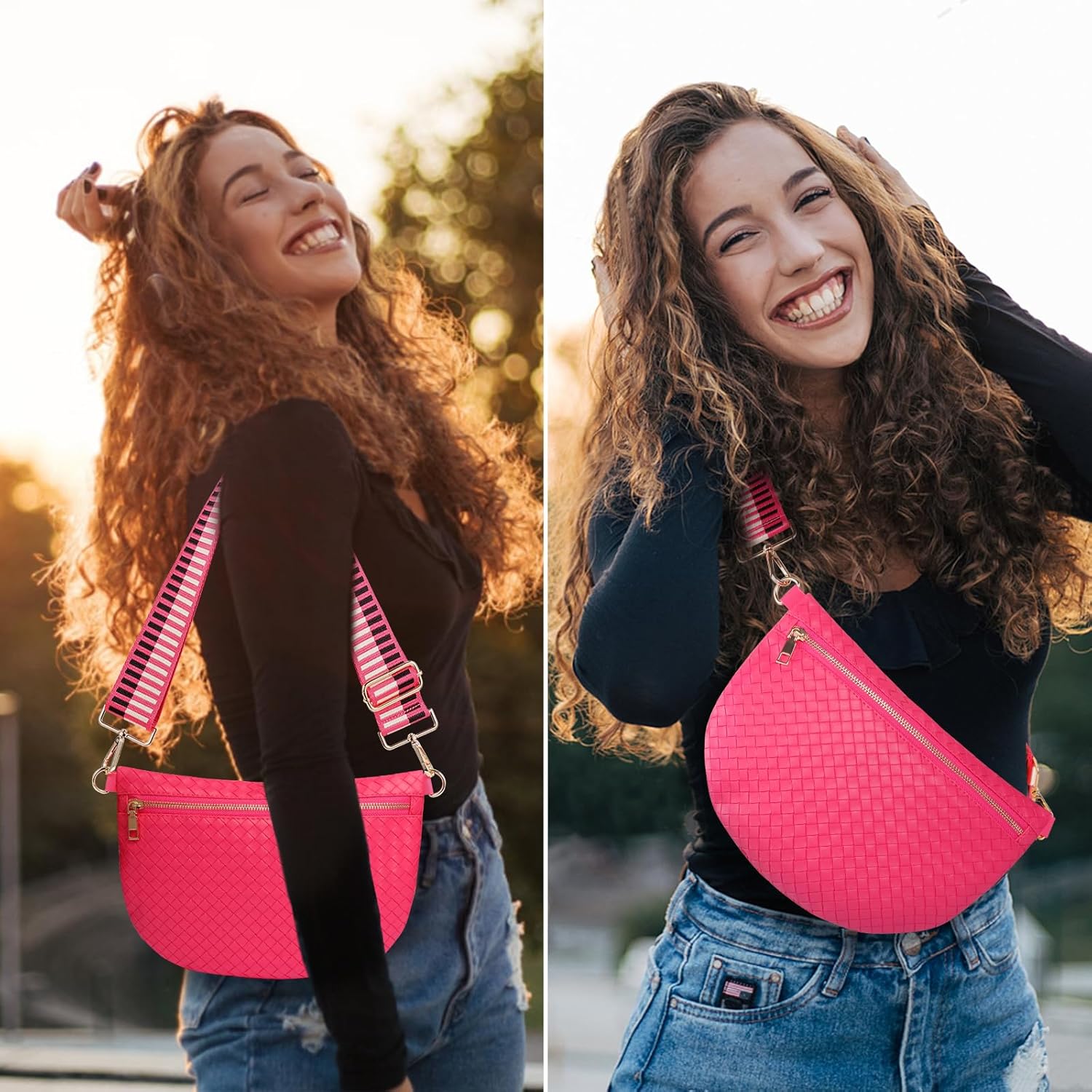 Bolsos cruzados tejidos para mujer, cinturón de cuero, riñonera, ca...