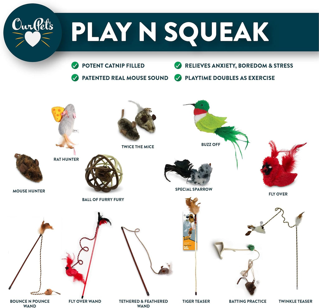 OurPets Play-N-Squeak Varilla de juego con plumas y cuerda para gat...
