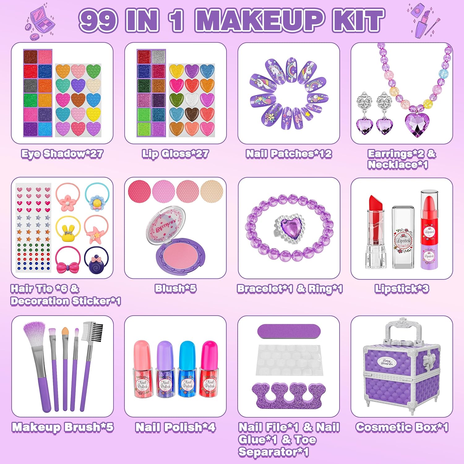 Juego de 99 piezas de maquillaje para niñas, juguetes de princesa,...