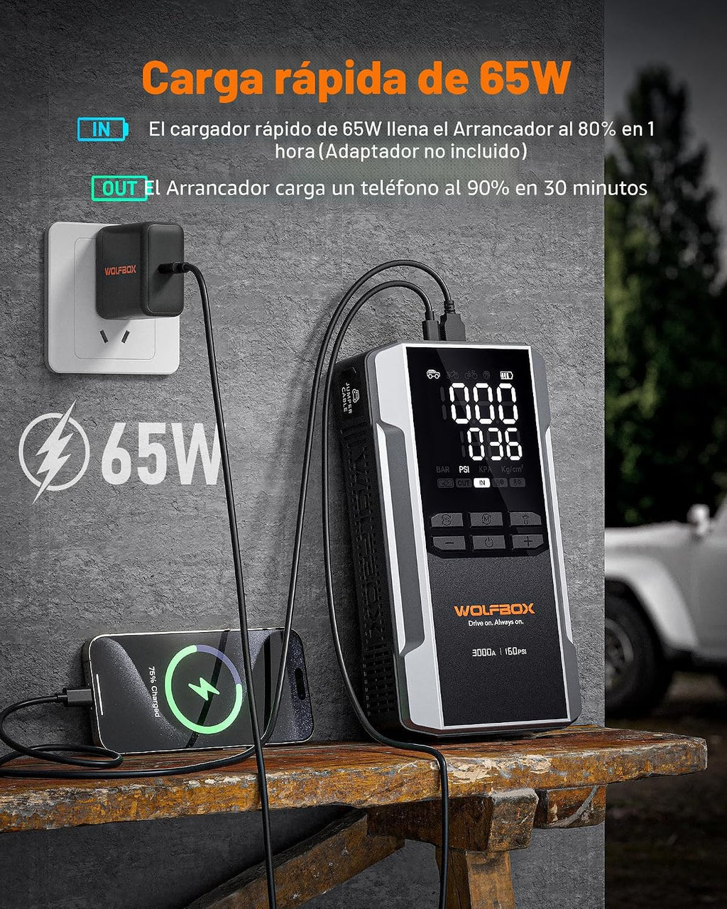 WOLFBOX MV16A 3000A Arrancador de salto con compresor de aire, bate...