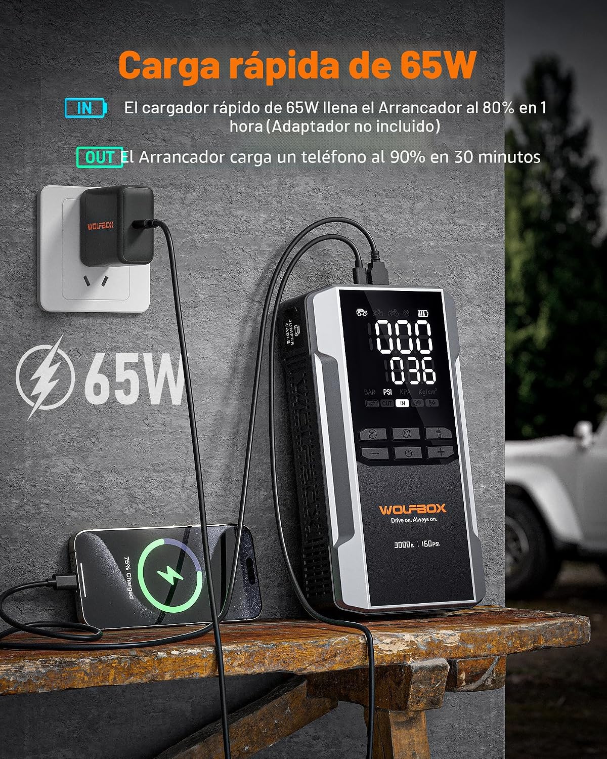 WOLFBOX MV16A 3000A Arrancador de salto con compresor de aire, bate...