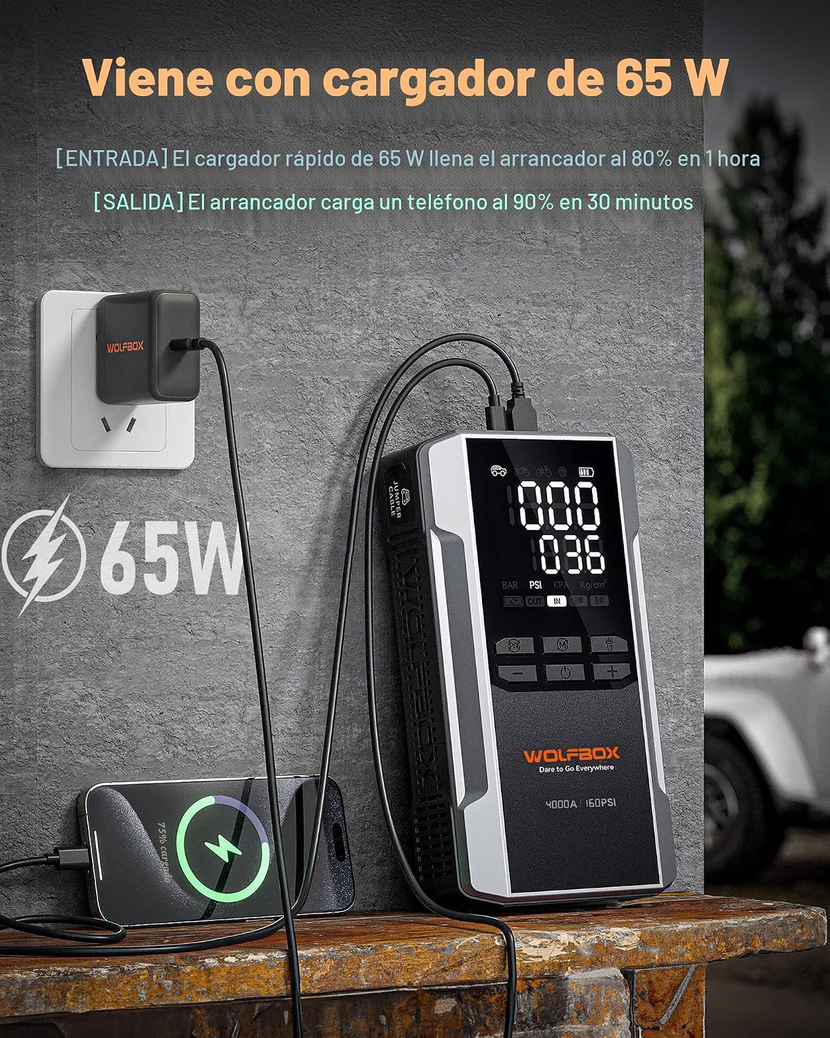 WOLFBOX Arrancador de 4000 A con compresor de aire, batería de coch...