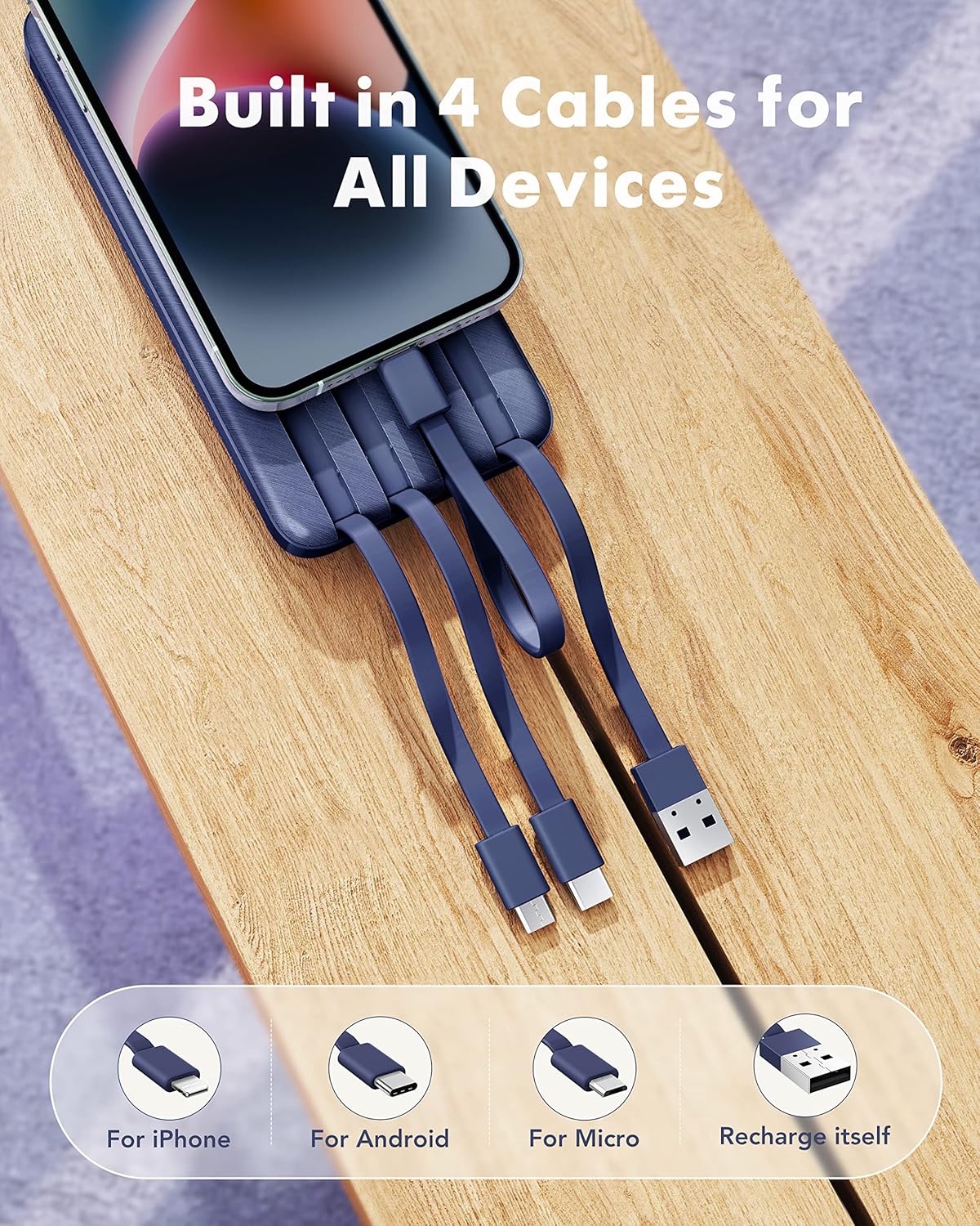 Charmast Cargador portátil con cables incorporados, banco de energí...
